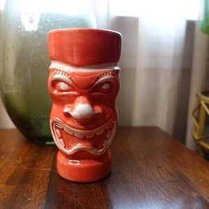 Vintage red tiki mug -Kane the crater Tall red ceramic collection cup‎